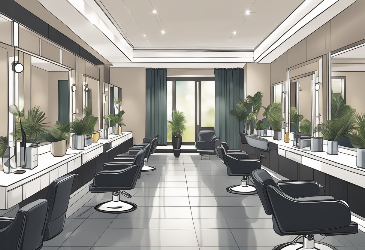 A busy salon with sleek, modern decor. Stylists work on clients' hair, applying keratin treatments. Bright lighting and comfortable seating create a welcoming atmosphere